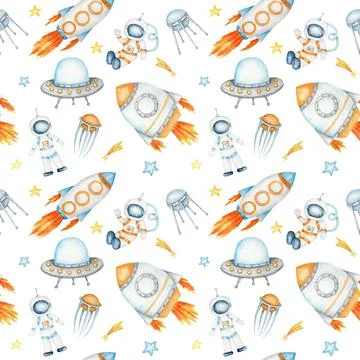 Space Seamless pattern with Astronaut, cosmonaut, Space rocket, Flying saucer Stock Illustration