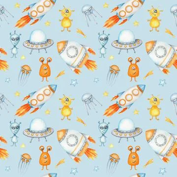Space Seamless pattern with Astronaut, cosmonaut, Space rocket, Flying saucer Stock Illustration