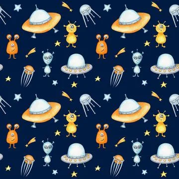 Space Seamless pattern with Astronaut, cosmonaut, Space rocket, Flying saucer 스톡 일러스트