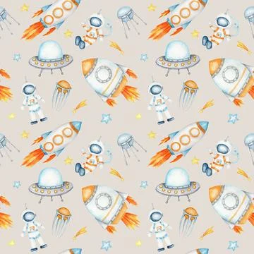 Space Seamless pattern with Astronaut, cosmonaut, Space rocket, Flying saucer Stock Illustration
