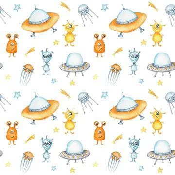 Space Seamless pattern with Astronaut, cosmonaut, Space rocket, Flying saucer Stock Illustration