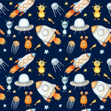 Space Seamless pattern with Astronaut, cosmonaut, Space rocket, Flying saucer 스톡 일러스트