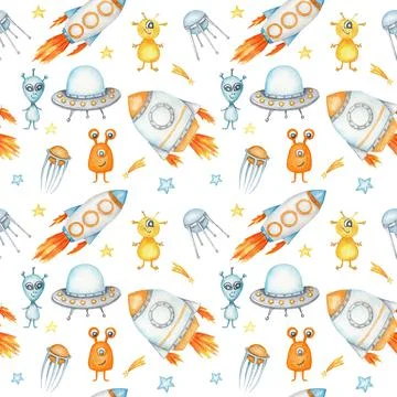 Space Seamless pattern with Astronaut, cosmonaut, Space rocket, Flying saucer Illustrazione stock