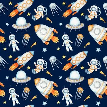 Space Seamless pattern with Astronaut, cosmonaut, Space rocket, Flying saucer Stock Illustration
