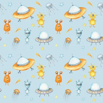 Space Seamless pattern with Astronaut, cosmonaut, Space rocket, Flying saucer Stock Illustration
