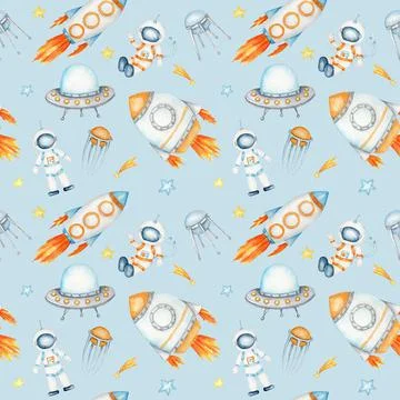 Space Seamless pattern with Astronaut, cosmonaut, Space rocket, Flying saucer Stock Illustration