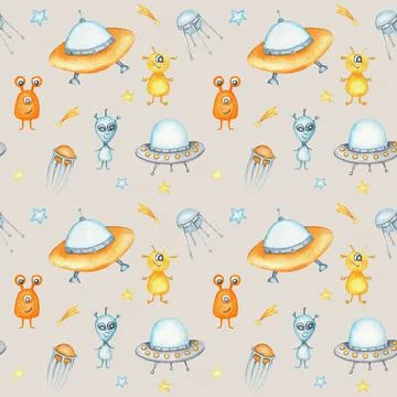 Space Seamless pattern with Astronaut, cosmonaut, Space rocket, Flying saucer Stockillustratie