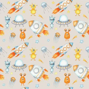 Space Seamless pattern with Astronaut, cosmonaut, Space rocket, Flying saucer Stock Illustration