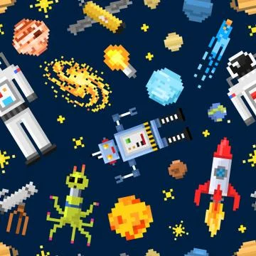 Space seamless pattern background, alien spaceman, robot rocket and satellite Stock Illustration