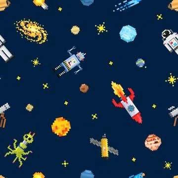 Space seamless pattern background, alien spaceman, robot rocket and satellite Stock Illustration