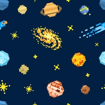 Space seamless pattern background, alien spaceman, robot rocket and satellite Illustrazione stock