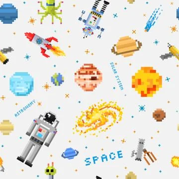 Space seamless pattern background, alien spaceman, robot rocket and satellite Stock Illustration