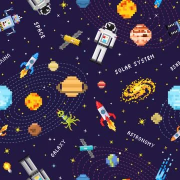 Space seamless pattern background, alien spaceman, robot rocket and satellite 스톡 일러스트