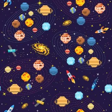 Space seamless pattern background, alien spaceman, robot rocket and satellite Stock Illustration