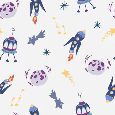Space seamless pattern. Background with cartoon space rockets, planets, stars Stockillustratie
