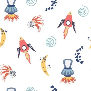 Space seamless pattern. Background with cartoon space rockets, planets, stars 库存插图