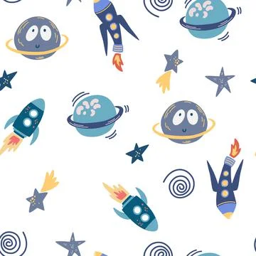 Space seamless pattern. Background with cartoon space rockets, planets, stars 스톡 일러스트