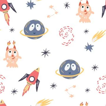 Space seamless pattern. Background with cartoon space rockets,monser, planets 库存插图