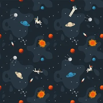 Space seamless pattern background. Cute template with Astronaut, , Rocket イラスト素材