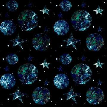 Space seamless pattern on a black background with stars, planets, galaxies. Stock Illustration