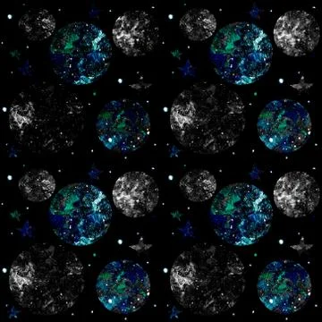 Space seamless pattern on black background with stars, planets and moon. Stock Illustration