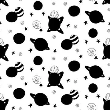 Space seamless pattern. Black silhouette planets and stars on white backgroun イラスト素材