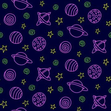 Space seamless pattern. Cartoon pink green yellow outline planets and stars i Stockillustratie