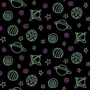 Space seamless pattern. Cartoon pink green yellow outline planets and stars i Stock Illustration