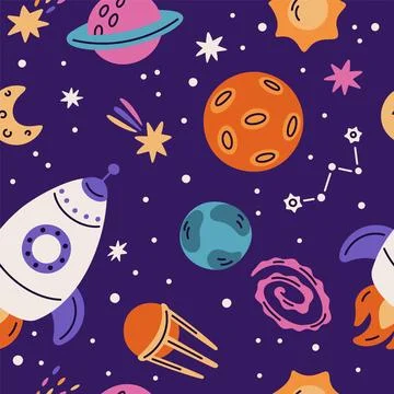 Space seamless pattern. Cartoon rocket, planets and stars, repeated cosmos Illustrazione stock