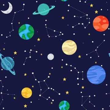 Space seamless pattern with colourful planets and constellations Illustration