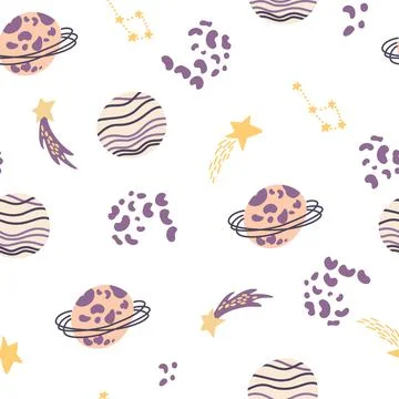 Space seamless pattern. Cosmic. Background with cartoon planets and stars. Pe Illustrazione stock