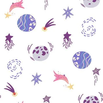 Space seamless pattern. Cosmic. Background with cartoon planets and stars. Pe イラスト素材