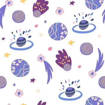 Space seamless pattern. Cosmic. Background with cartoon planets and stars. Pe Illustrazione stock