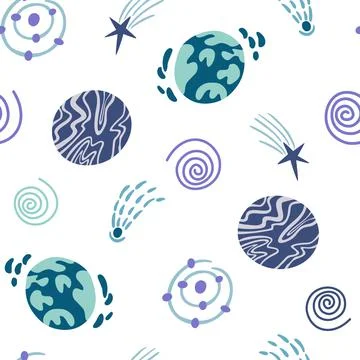 Space seamless pattern. Cosmic. Background with cartoon planets and stars. Pe Stock Illustration
