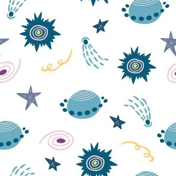 Space seamless pattern. Cosmic. Background with cartoon planets and stars. Pe 스톡 일러스트
