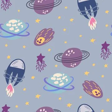 Space seamless pattern. Cosmic. Background with cartoon planets and stars. Pe Illustrazione stock