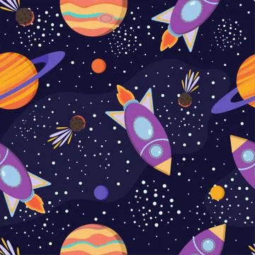 Space seamless pattern. Cosmic illustration with rockets, planets, comets. Stock Illustration