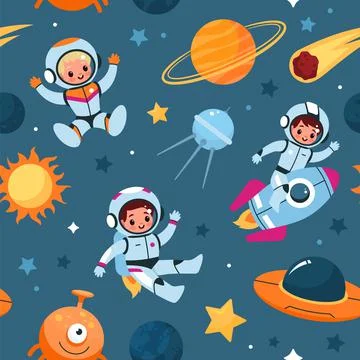 Space seamless pattern. Cosmic objects and little astronauts, cute children in Illustrazione stock