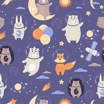Space seamless pattern. Cute animal astronauts. Funny Bear with balloons, r.. Stock Illustration