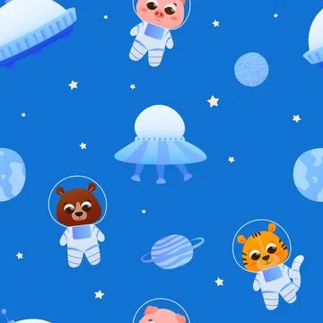 Space seamless pattern with cute animals characters in astronaut costumes and Stock Illustration