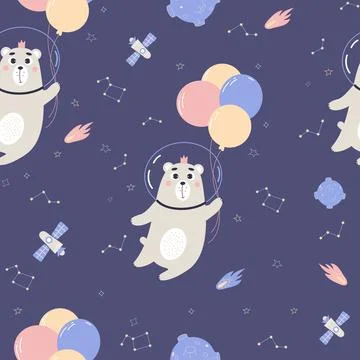 Space seamless pattern. Cute astronaut bear with balloons, stars and meteor.. Illustrazione stock