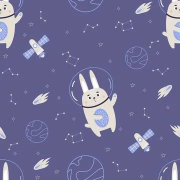 Space seamless pattern. Cute astronaut rabbit with planets, stars and meteo.. Illustrazione stock