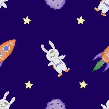 Space seamless pattern. cute childish pattern with bunnies astronauts in space Stock Illustration