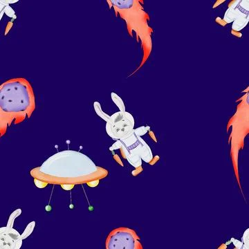 Space seamless pattern. cute pattern with cartoon bunny astronaut. comets Stock Illustration