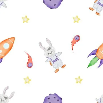Space seamless pattern. cute pattern with cartoon bunny astronaut. comets Stock Illustration