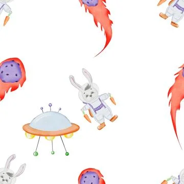 Space seamless pattern. cute pattern with cartoon bunny astronaut. comets Stock Illustration