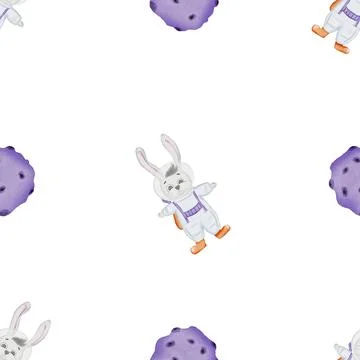 Space seamless pattern. cute pattern with cartoon bunny astronaut. comets Stock Illustration