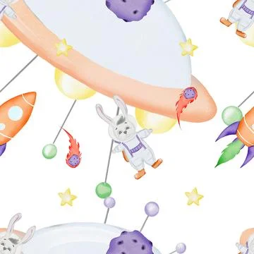 Space seamless pattern. cute pattern with cartoon bunny astronaut. comets Stock Illustration
