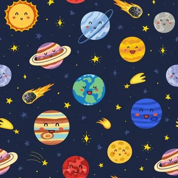 Space seamless pattern with cute planet characters. Earth, Jupiter, Saturn Stock Illustration