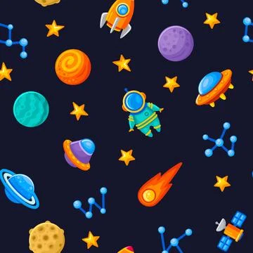 Space Seamless Pattern on Dark Background. Cartoon Style. Vector Stock Illustration